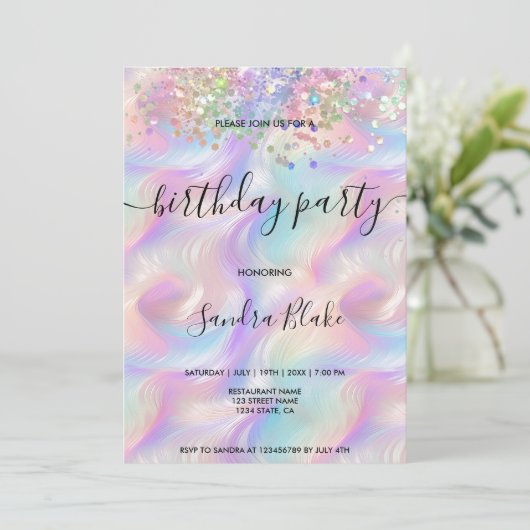 Modern Holografen Girly Trendy Birthday Invitation Kaart (Staand voorkant)