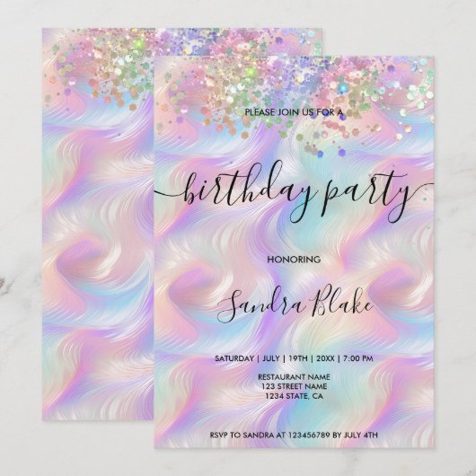 Modern Holografen Girly Trendy Birthday Invitation Kaart (Voorkant / Achterkant)