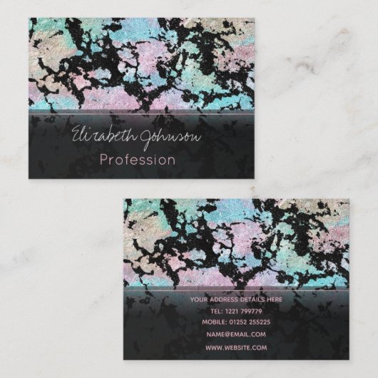 Modern holografisch en zwart Glitter Marble Afbeel Visitekaartje (Voorkant / Achterkant)