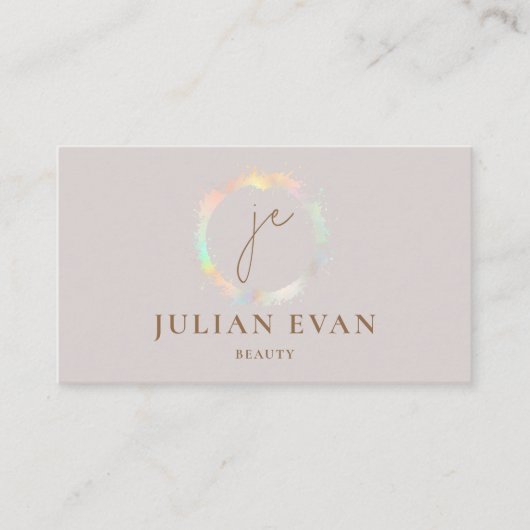 Modern Holografisch Monogram Beige Visitekaartje (Voorkant)