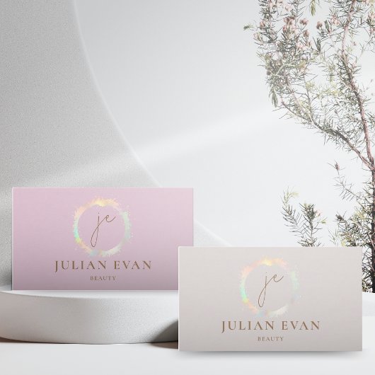 Modern Holografisch Monogram Beige Visitekaartje