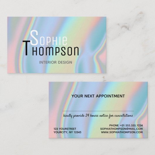 Modern holografisch vloeibaar marmer afsprakenkaartje (Voorkant / Achterkant)