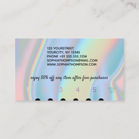 Modern holografisch vloeibaar marmer klantenkaartje (Achterkant)