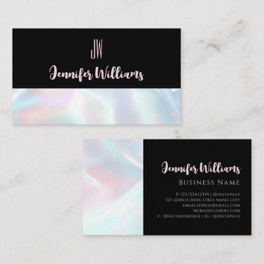 Modern holografisch zwart monogram visitekaartje (Voorkant / Achterkant)