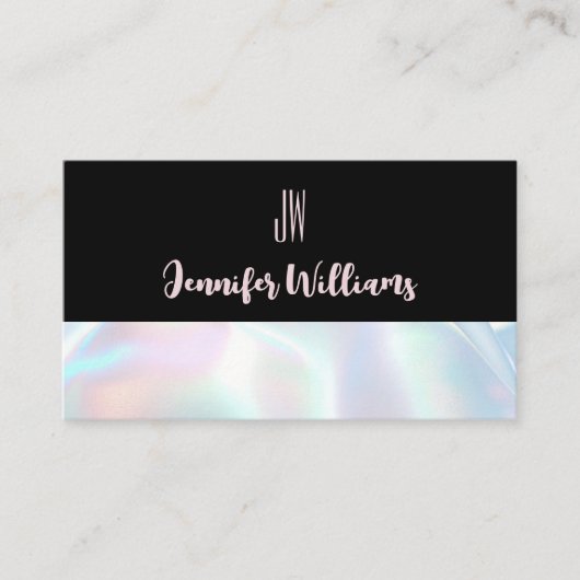 Modern holografisch zwart monogram visitekaartje (Voorkant)