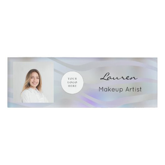 Modern holografisch zwart script logo foto naambadge (Voorkant)