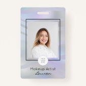 Modern Holographic Black Script Photo Makeup Badge (Voorkant)