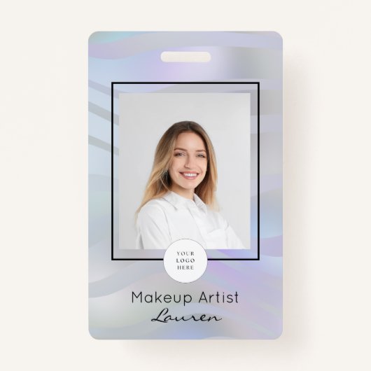 Modern Holographic Black Script Photo Makeup Badge (Voorkant)