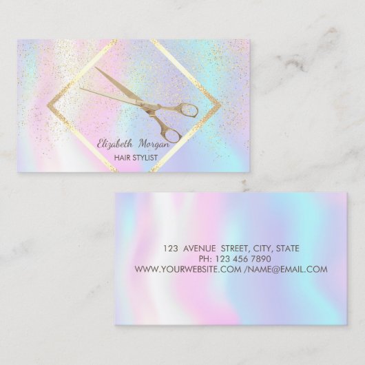 Modern Holographic Gold Lijst, Confetti, schaar Visitekaartje (Voorkant / Achterkant)