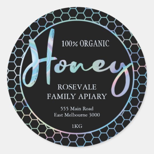 Modern Holographic Honeycomb Honey Apiary Label (Voorkant)