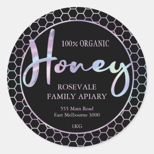 Modern Holographic Honeycomb Honey Apiary Label (Voorkant)