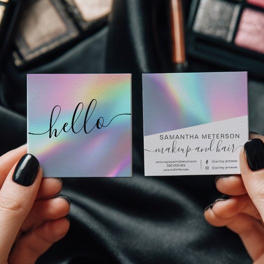 Modern Holographic Script Hello Beauty Branding Vierkante Visitekaartje