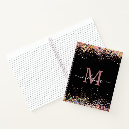 Modern holographic Sparkly Glitter Black Monogram Notitieboek (Binnen)