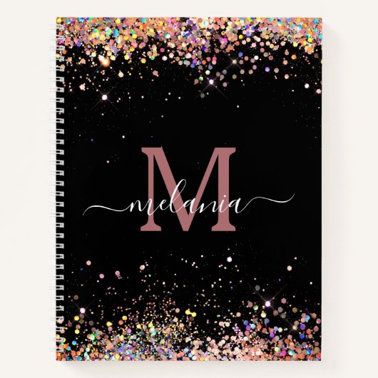 Modern holographic Sparkly Glitter Black Monogram Notitieboek (Voorkant)