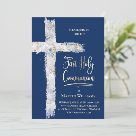 modern Holy cross on blue | First Communion Kaart (Staand voorkant)