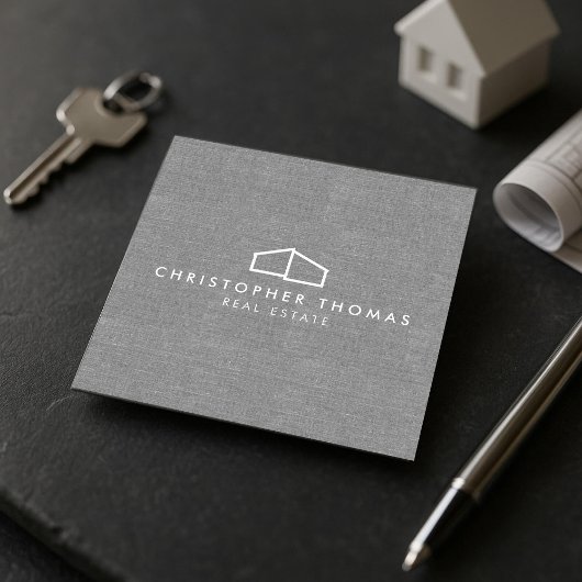 Modern Home Logo Real Estate, Realtor Grey Linen Vierkante Visitekaartje