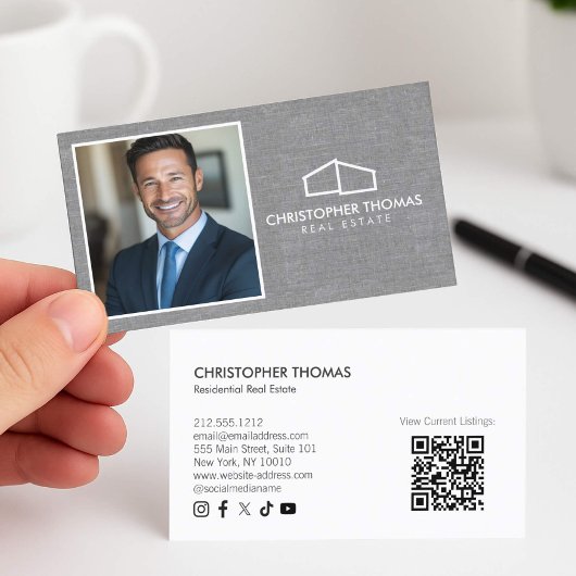 Modern Home Logo Realtor Foto Grijs Linnen Visitekaartje