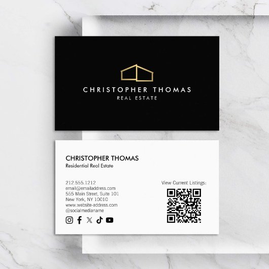Modern Home Logo Vastgoed Zwart/Goud QR-code Visitekaartje