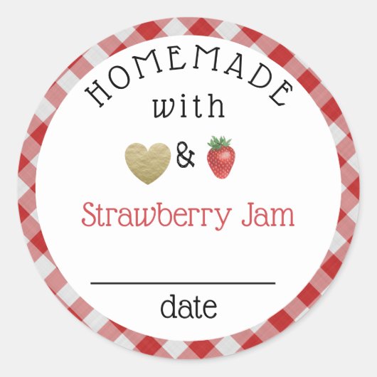 Modern Homemade Strawberry Jam Gingham Ronde Sticker (Voorkant)