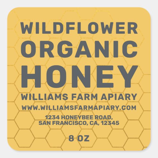 Modern Honey Jar Label Honeybee Apiary Yellow (Voorkant)