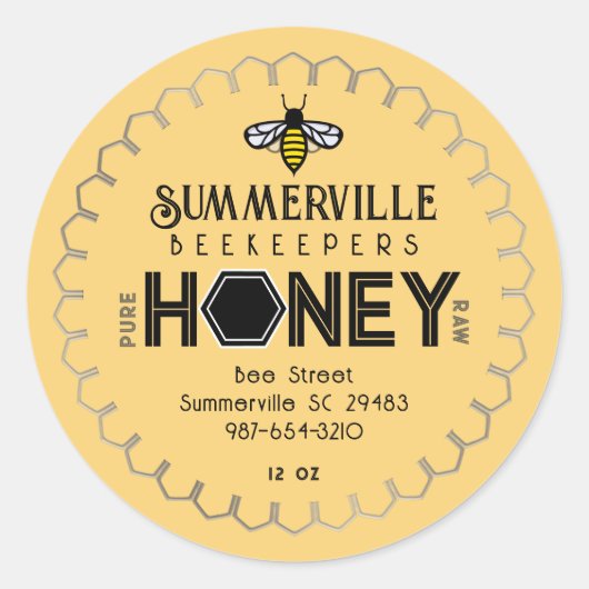 Modern Honey Label met Hexagon Border en Bee (Voorkant)