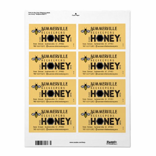 Modern Honey Label met Hexagon Border en Bee (Full Sheet)