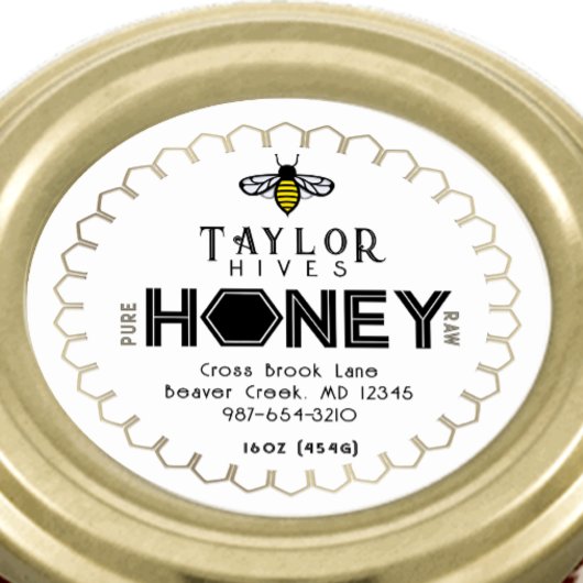 Modern Honey Label met Hexagon Border en Bee