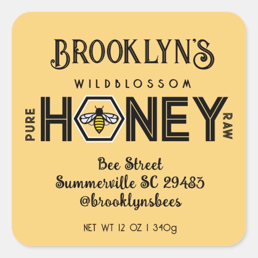 Modern Honey Label met Hexagon Border en Bee (Voorkant)