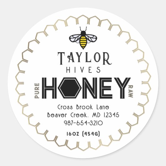 Modern Honey Label met Hexagon Border en Bee (Voorkant)