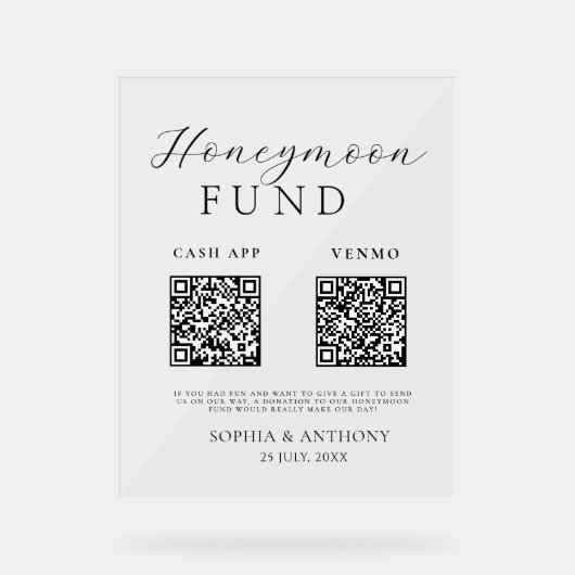 Modern Honeymoon Fund QR Code Acryl Trouwbord Acryl Bord (Voorkant)