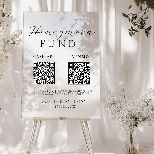Modern Honeymoon Fund QR Code Acryl Trouwbord Bord