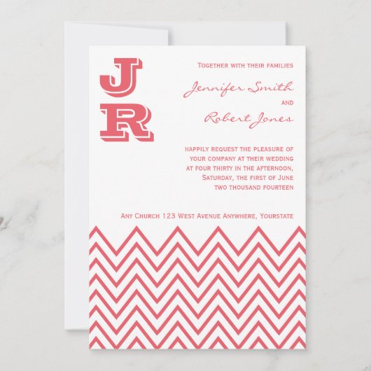 Modern Honeysuckle Pink Chevron Wedding Invitation Kaart (Voorkant)