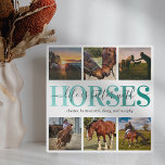 Modern Horse Photo Collage Fotoplaat<br><div class="desc">Eigen plaquette voor paardenpestjes met een witte achtergrond die kan worden veranderd in elke kleur,  6 vierkante afbeeldingen van uw gezelschapsdieren,  het paardencitaat "Het leven is beter met paarden" en hun namen.</div>