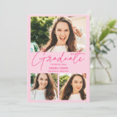 Modern hot pink 3 photos collage graduation aankondiging (Staand voorkant)