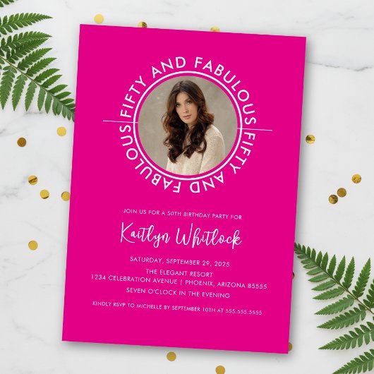 Modern Hot Pink 50 and Fabulous 50th Birthday Kaart