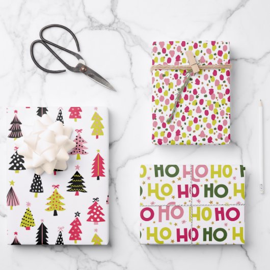 Modern Hot Pink Black Lime Green Kerstfeestdag Inpakpapier Vel (Voorkant)