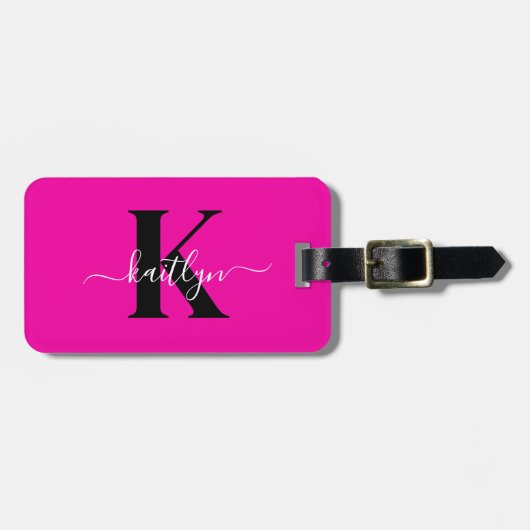 Modern Hot Pink Black Script Monogram Bagagelabel (Voorkant horizontaal)