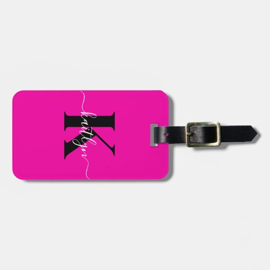 Modern Hot Pink Black Script Monogram Bagagelabel (Voorkant horizontaal)