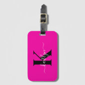 Modern Hot Pink Black Script Monogram Bagagelabel (Voorkant (verticaal))