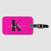 Modern Hot Pink Black Script Monogram Bagagelabel (Voorkant (horizontaal))