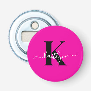 Modern Hot Pink Black Script Monogram Button Flesopener