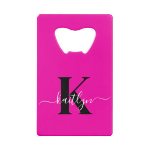 Modern Hot Pink Black Script Monogram Creditkaart Flessenopener