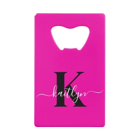 Modern Hot Pink Black Script Monogram Creditkaart Flessenopener (Voorkant)