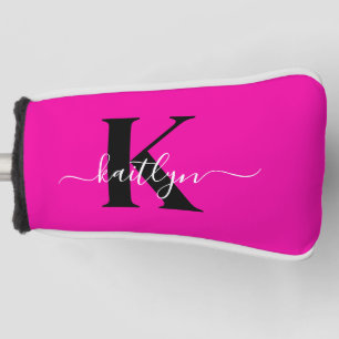 Modern Hot Pink Black Script Monogram Golfheadcover
