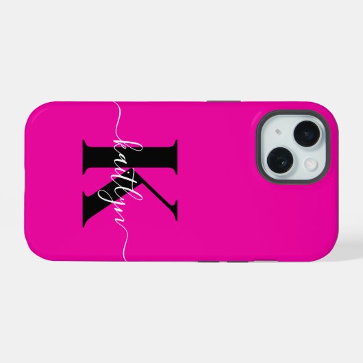 Modern Hot Pink Black Script Monogram iPhone 15 Case (Achterkant horizontaal)