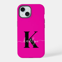 Modern Hot Pink Black Script Monogram iPhone 15 Case
