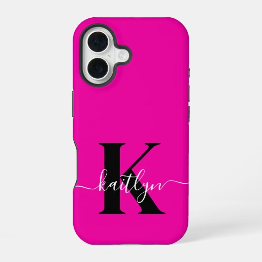 Modern Hot Pink Black Script Monogram iPhone 16 Hoesje (Achterkant)