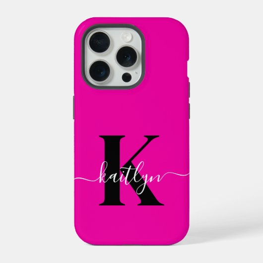 Modern Hot Pink Black Script Monogram iPhone Hoesje (Achterkant)
