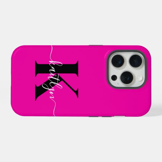 Modern Hot Pink Black Script Monogram iPhone Hoesje (Achterkant horizontaal)