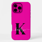 Modern Hot Pink Black Script Monogram iPhone Hoesje (Achterkant)